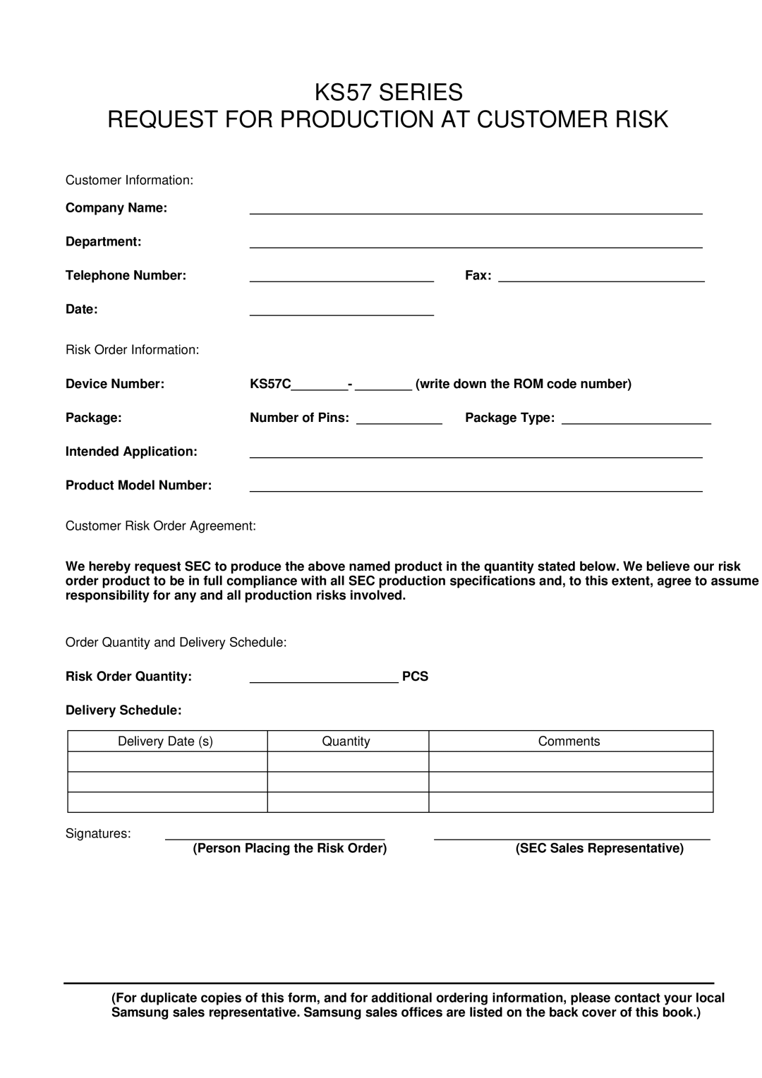 Samsung KS57C2308 manual KS57 Series Request for Production AT Customer Risk, Risk Order Information 