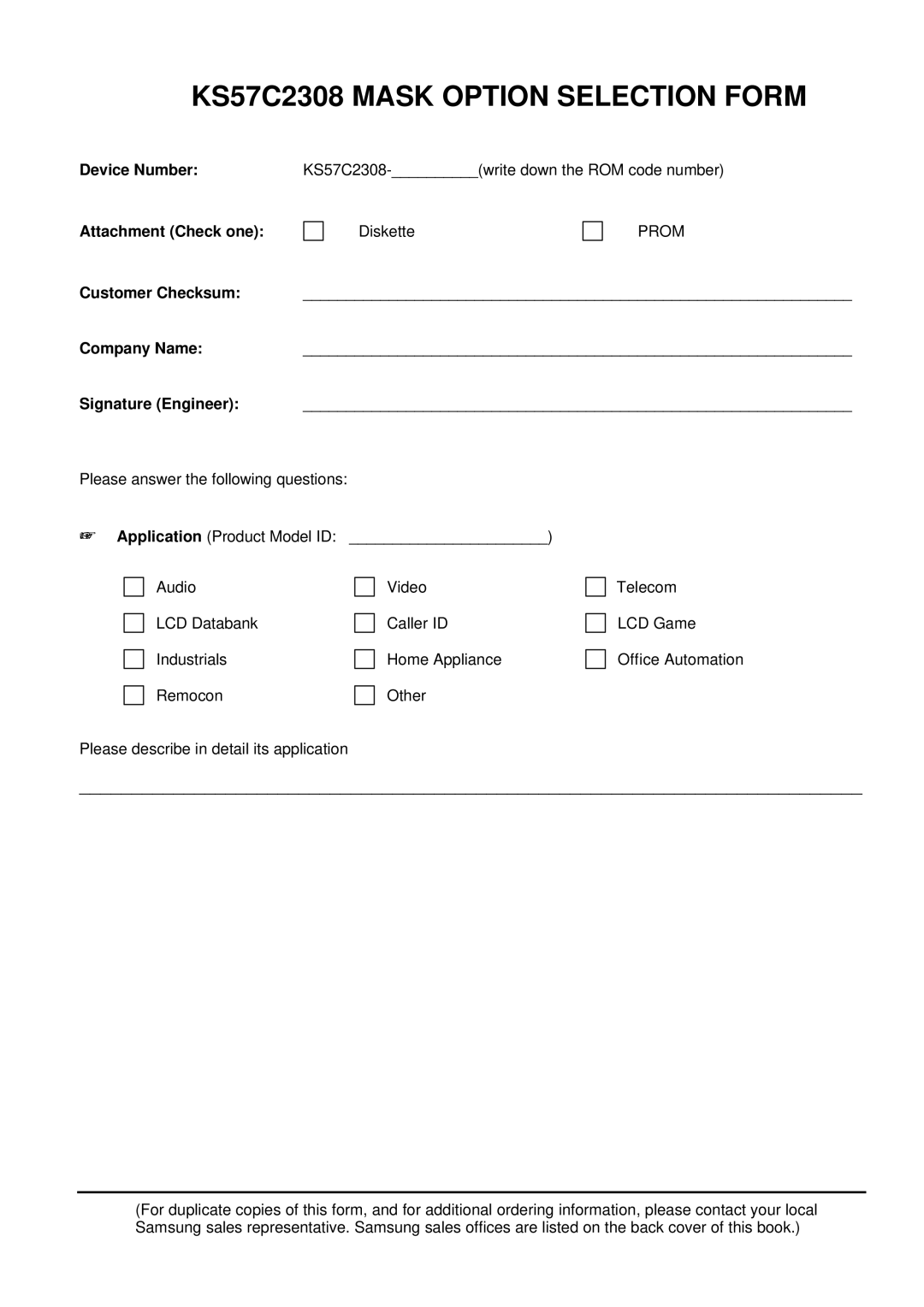 Samsung manual KS57C2308 Mask Option Selection Form, Attachment Check one, Prom 