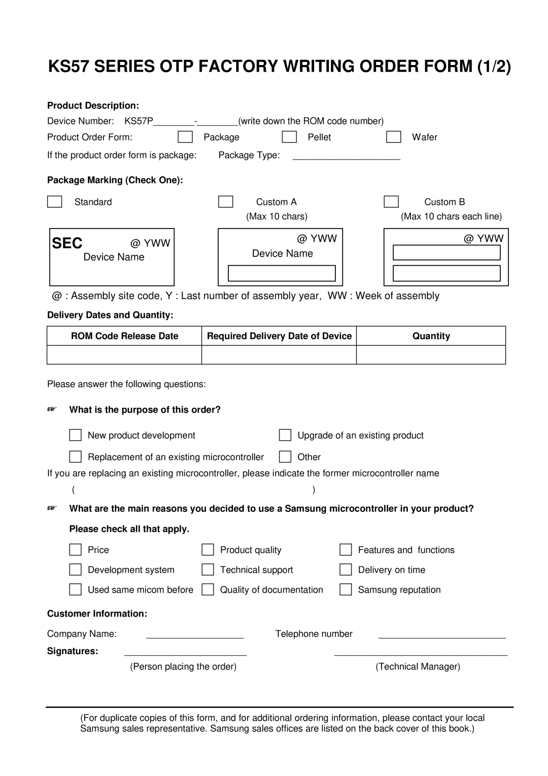 Samsung KS57C2308 manual KS57 Series OTP Factory Writing Order Form 1/2, + What is the purpose of this order? 