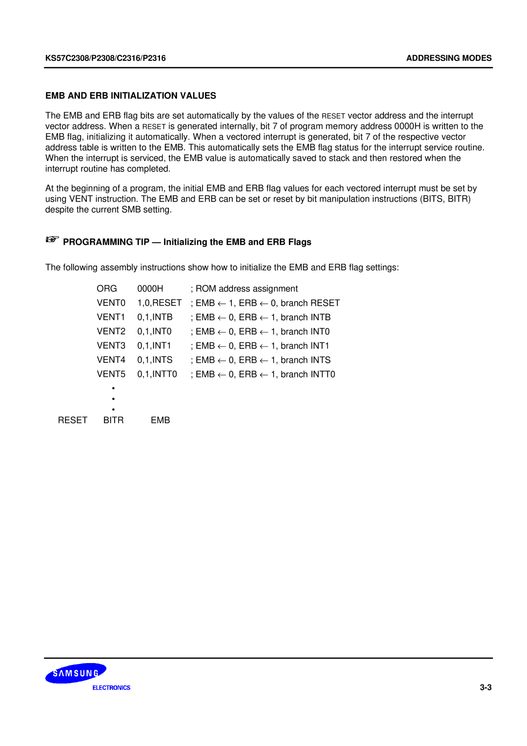 Samsung KS57C2308 EMB and ERB Initialization Values, + Programming TIP Initializing the EMB and ERB Flags, Reset Bitr EMB 