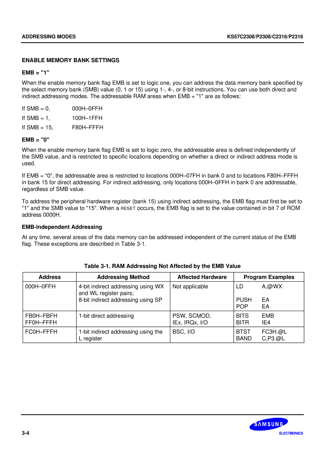 Samsung KS57C2308 manual Enable Memory Bank Settings, Emb =, EMB-Independent Addressing 