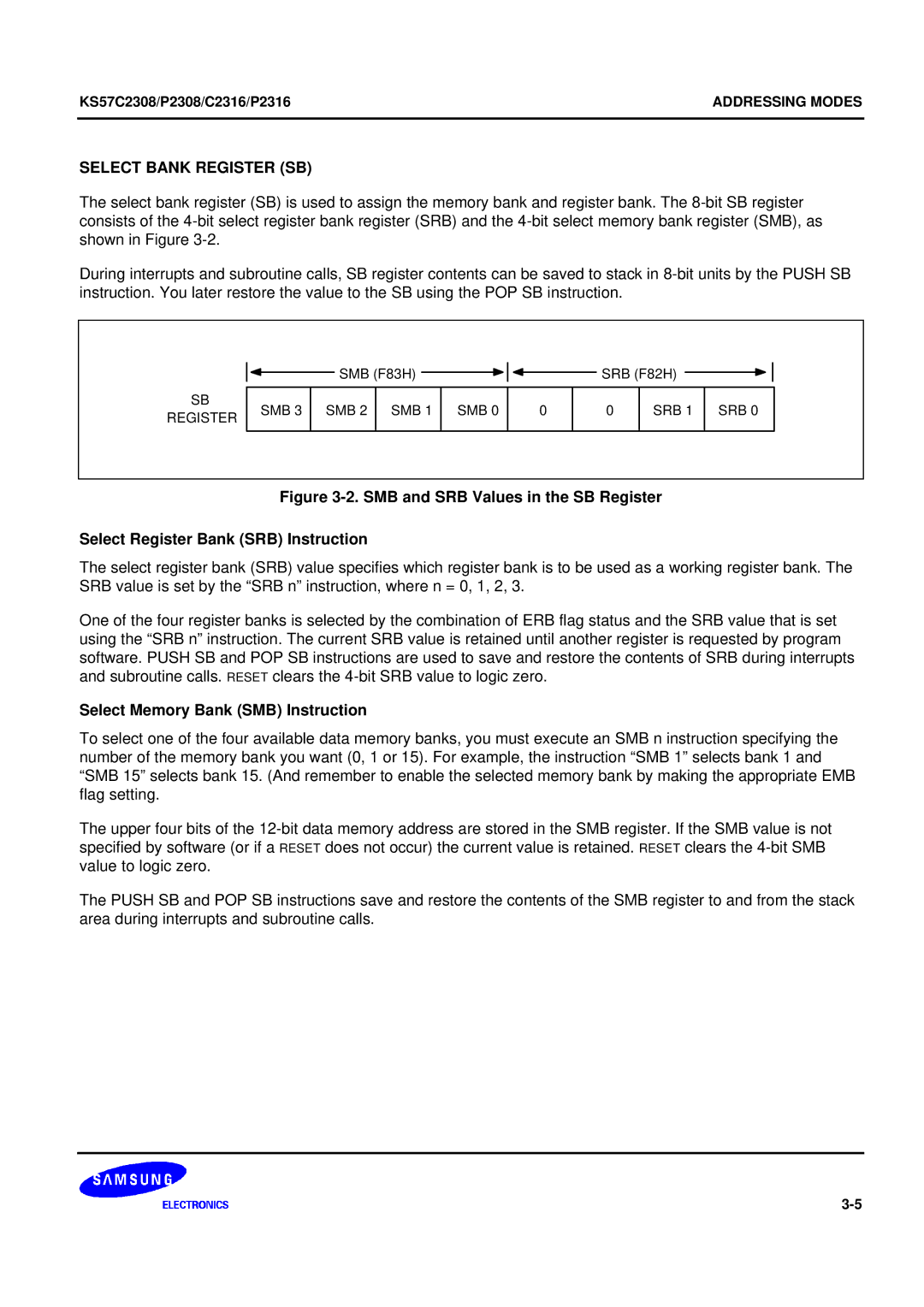 Samsung KS57C2308 manual Select Bank Register SB, Select Memory Bank SMB Instruction 