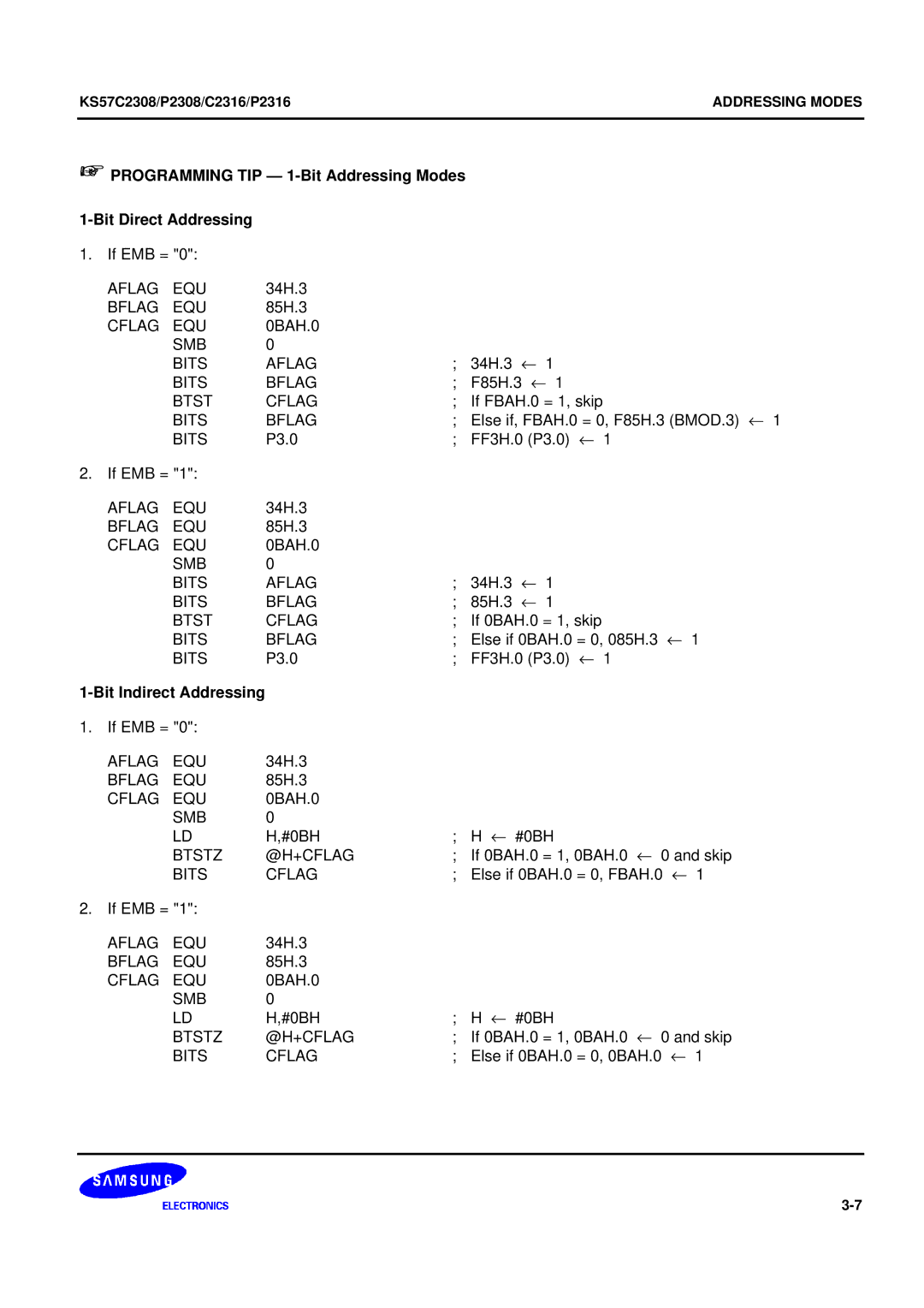 Samsung KS57C2308 manual Bit Indirect Addressing 