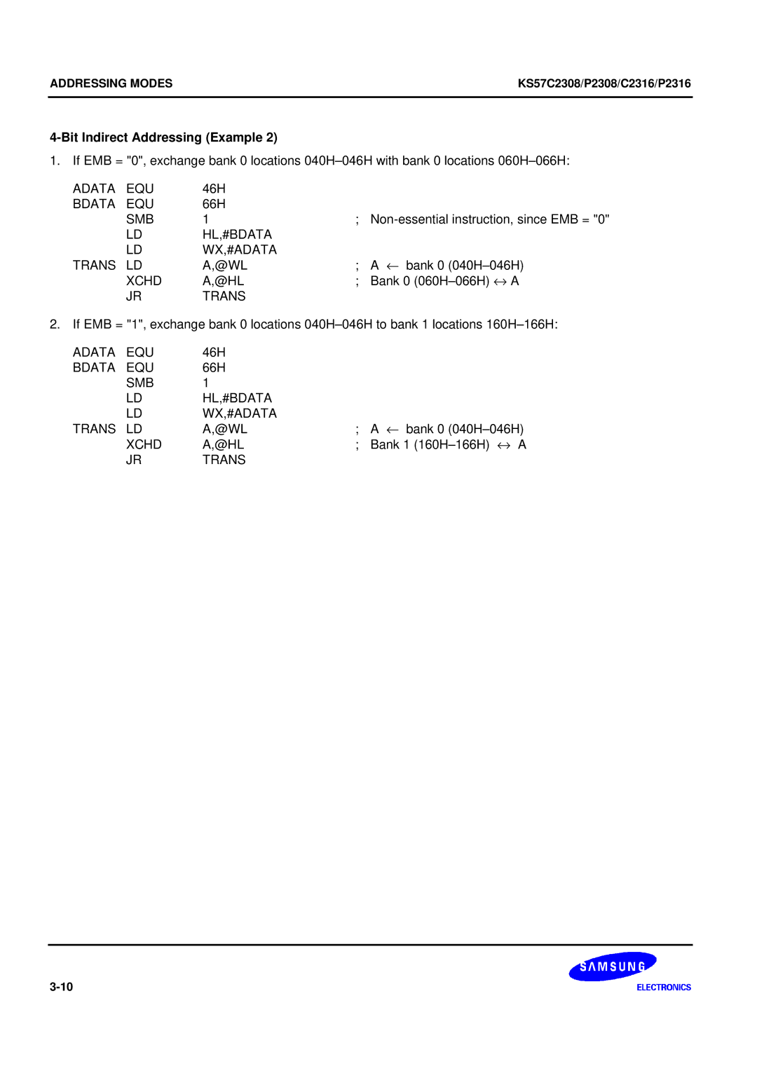 Samsung KS57C2308 manual Bit Indirect Addressing Example, HL,#BDATA WX,#ADATA Trans @WL, Xchd @HL 