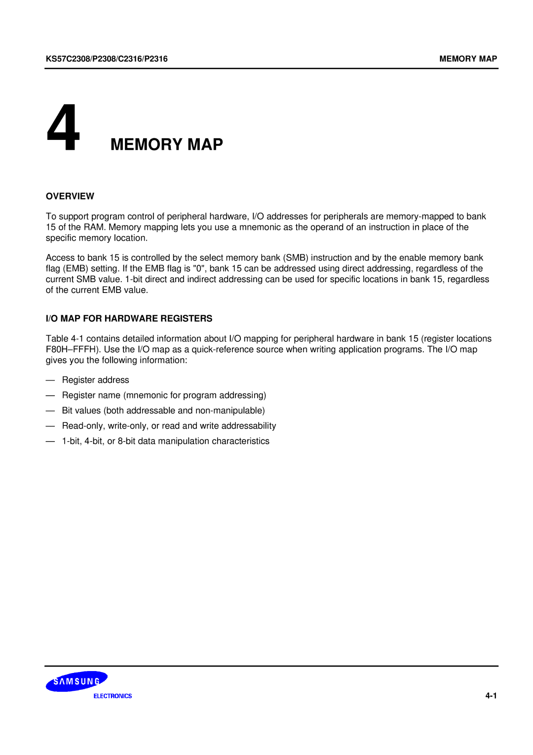 Samsung KS57C2308 manual Memory MAP, MAP for Hardware Registers 