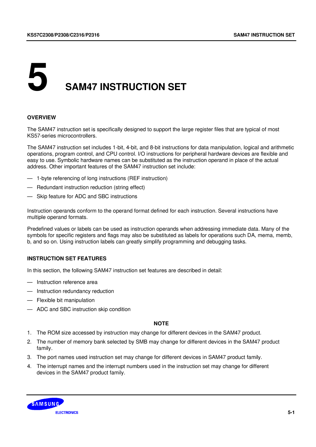 Samsung KS57C2308 manual SAM47 Instruction SET, Instruction SET Features 