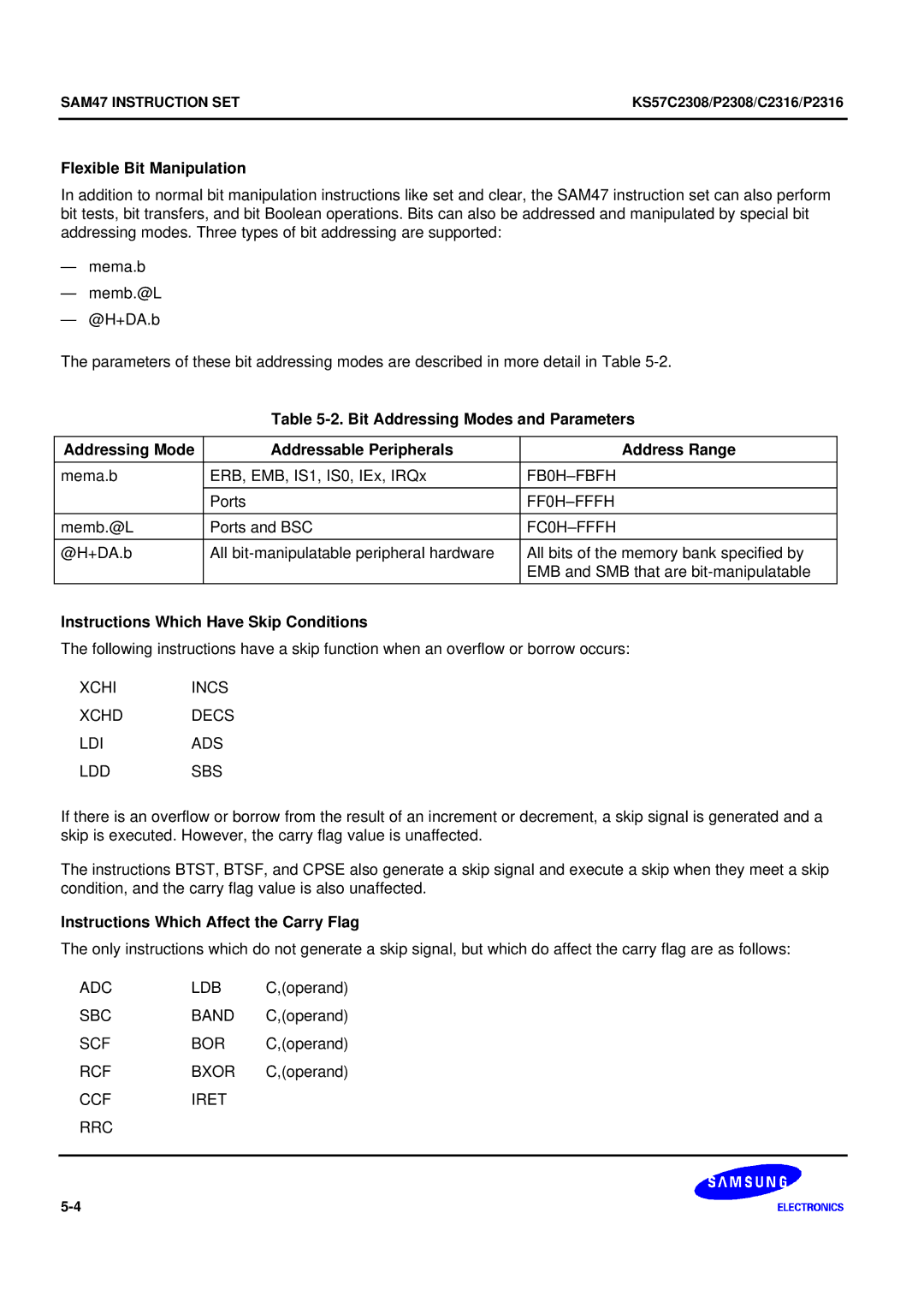 Samsung KS57C2308 manual Flexible Bit Manipulation, Instructions Which Have Skip Conditions 