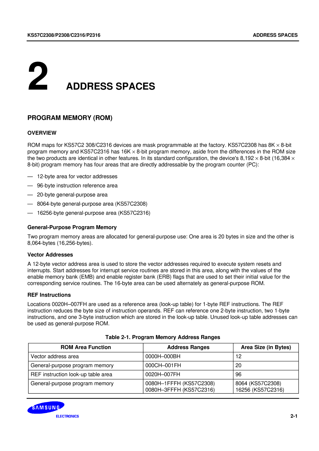 Samsung KS57C2308 manual Address Spaces, Overview, General-Purpose Program Memory, Vector Addresses, REF Instructions 