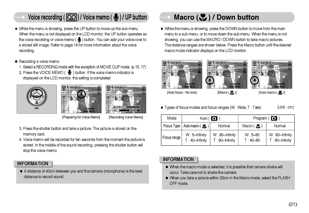 Samsung L Series manual Macro / Down button, Voice recording / Voice memo / UP button 