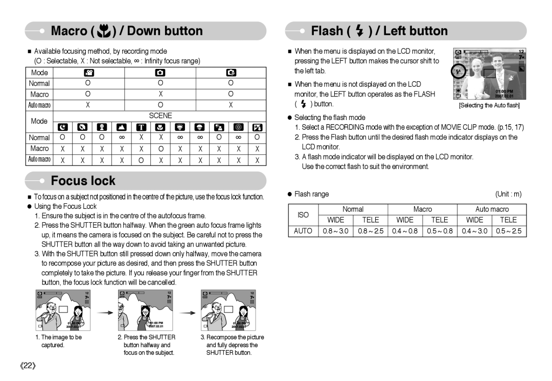 Samsung L Series manual Focus lock, Flash / Left button, Wide Tele Auto 