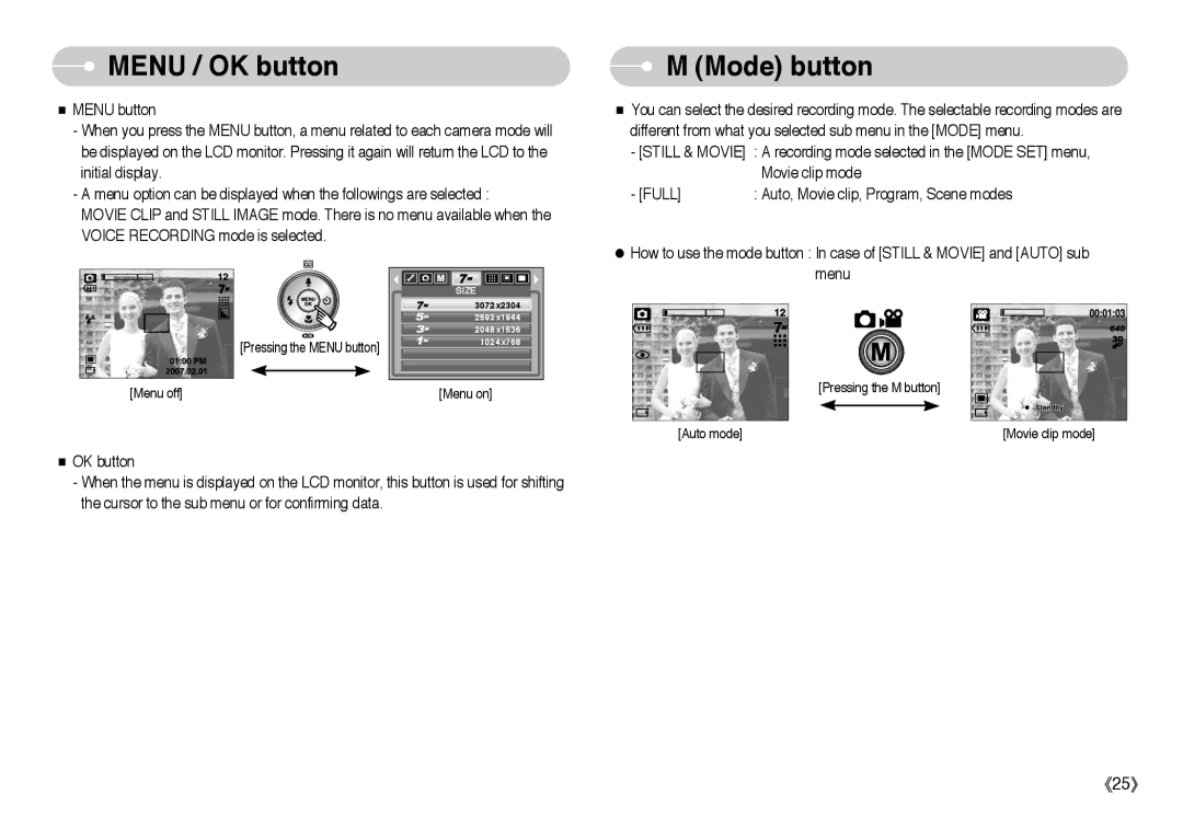 Samsung L Series manual Menu / OK button, Mode button 