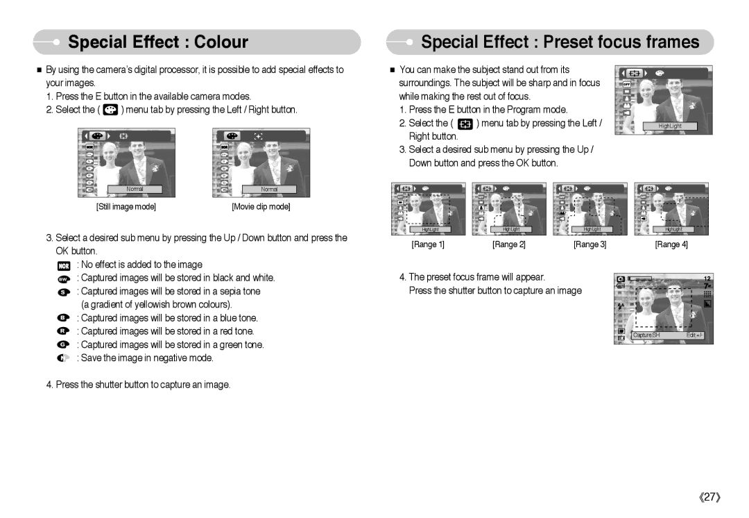 Samsung L Series manual Special Effect Colour, Special Effect Preset focus frames 