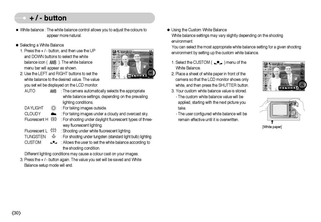 Samsung L Series manual Daylight, Cloudy, Tungsten, Custom 