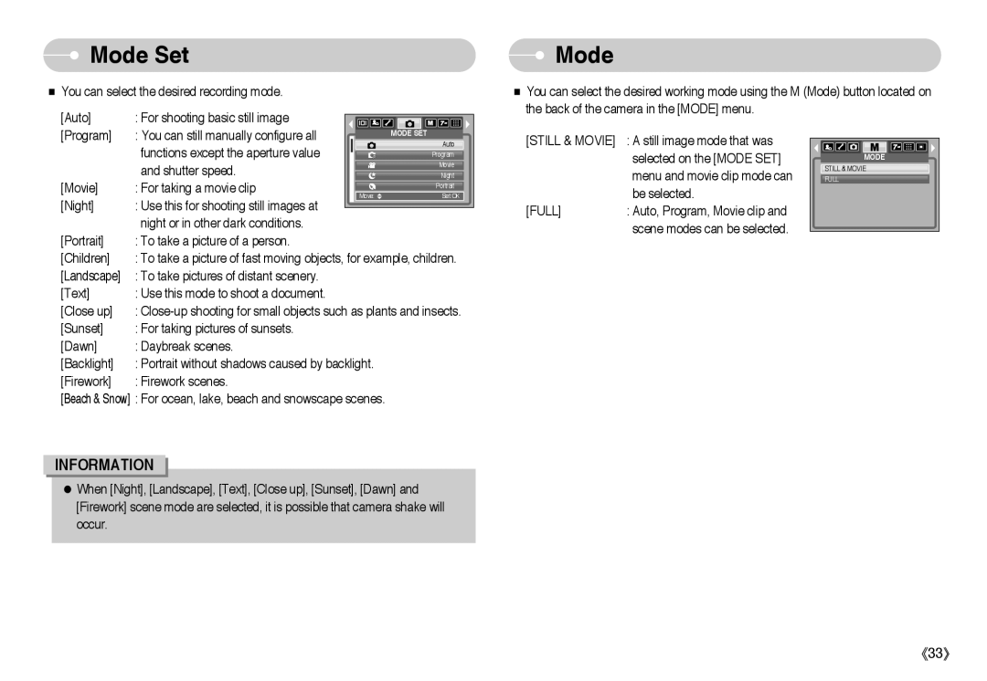 Samsung L Series manual Mode Set, Still & Movie, Full 