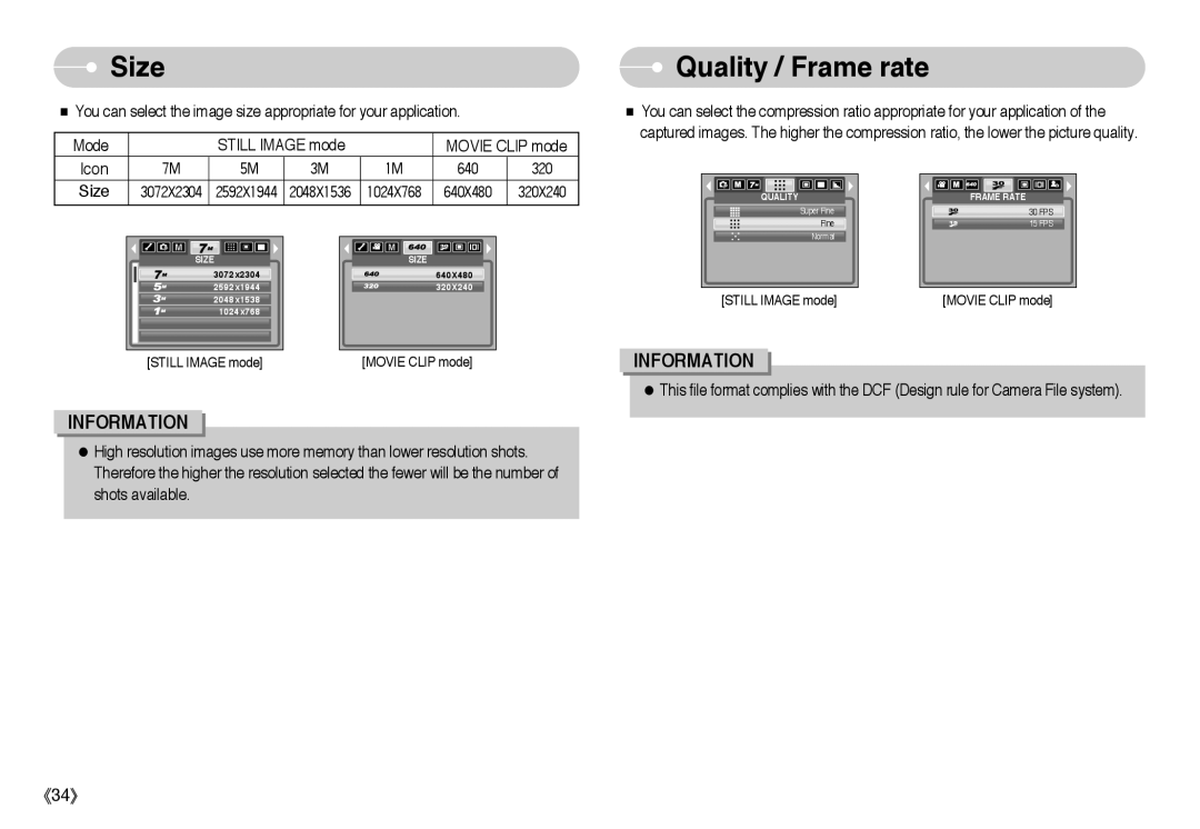 Samsung L Series manual Size, Quality / Frame rate 