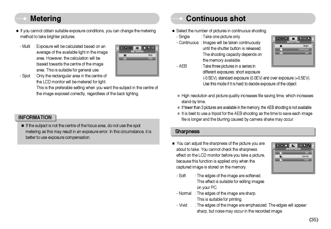 Samsung L Series manual Metering, Continuous shot 