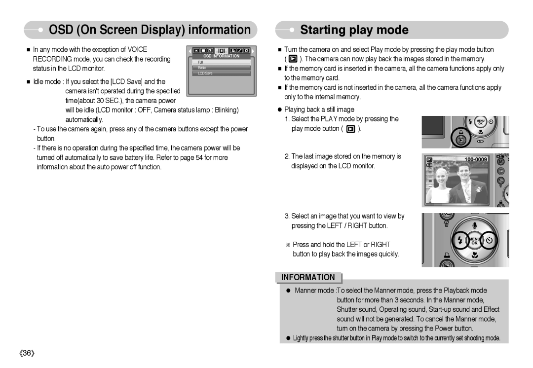 Samsung L Series manual Starting play mode, OSD On Screen Display information 