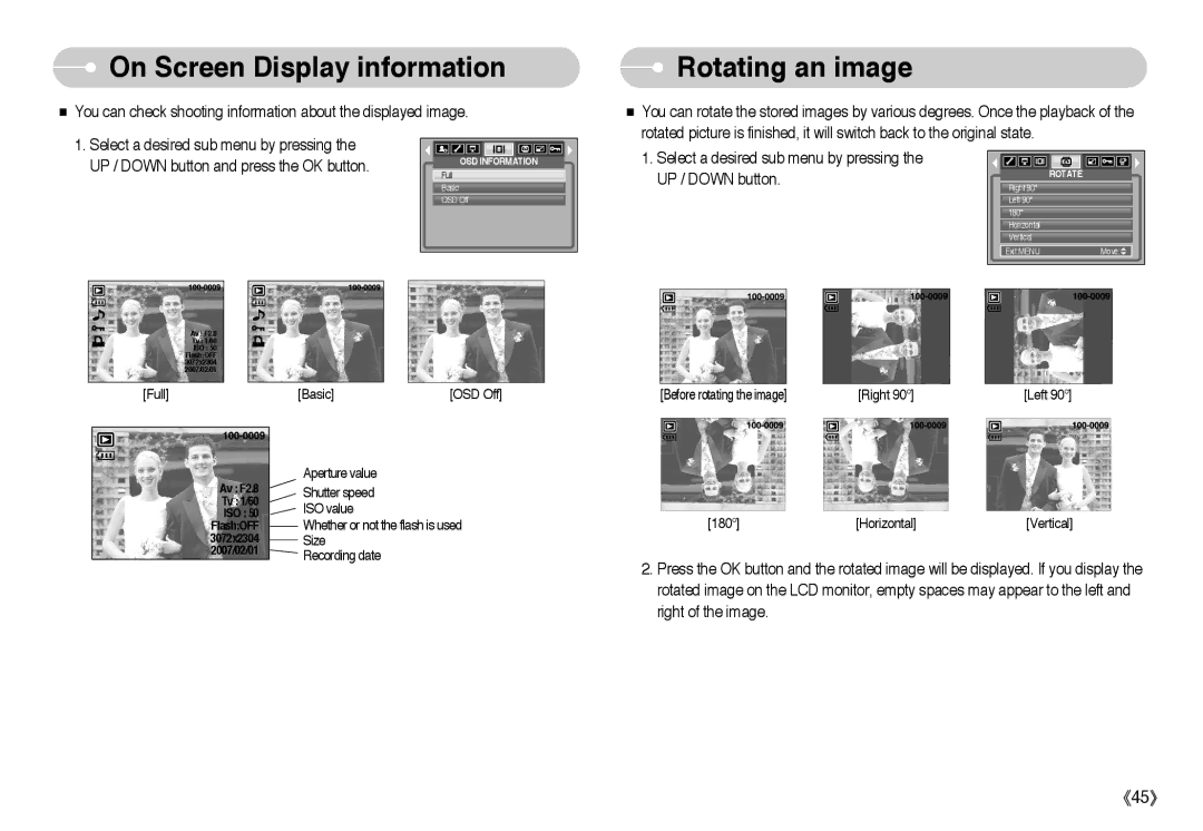 Samsung L Series manual On Screen Display information, Rotating an image 