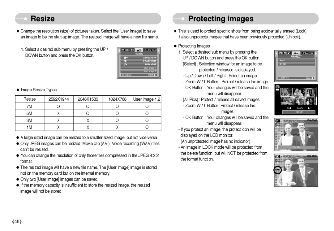 Samsung L Series manual Resize, Protecting images 