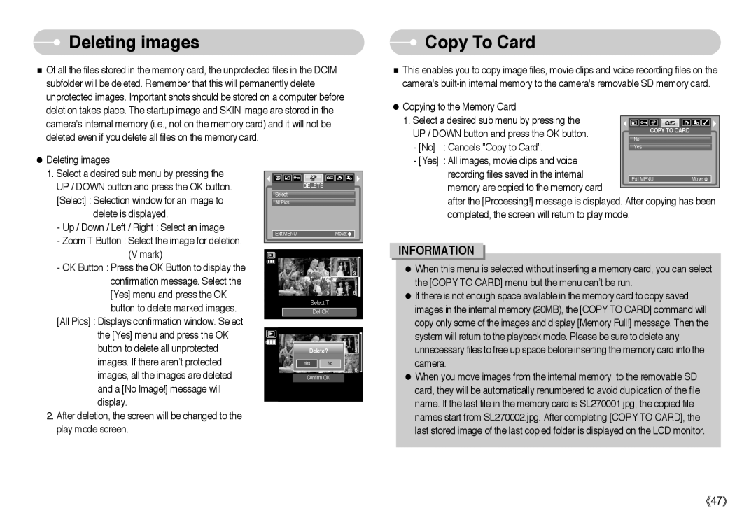 Samsung L Series manual Deleting images, Copy To Card 