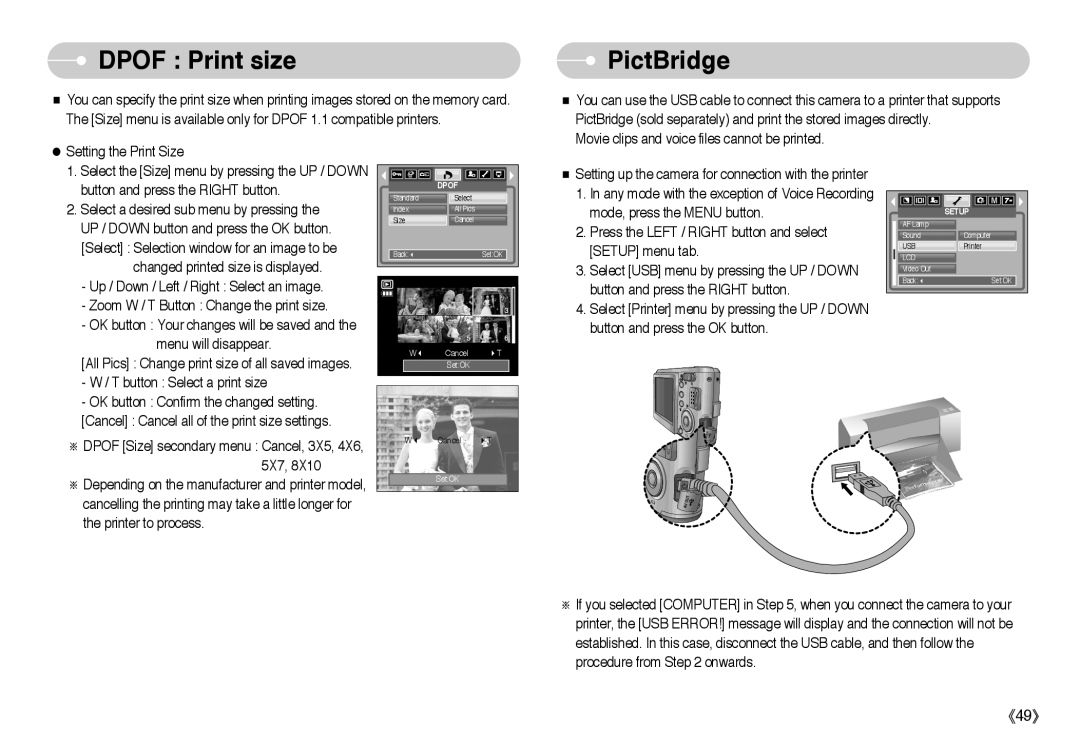 Samsung L Series manual Dpof Print size, PictBridge 