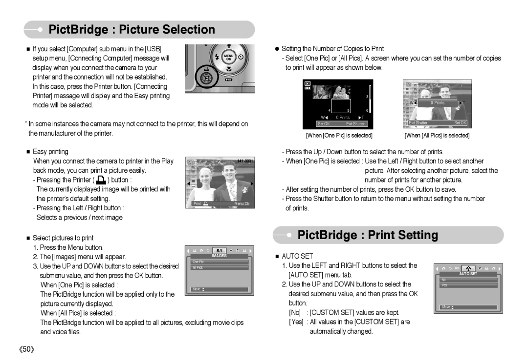 Samsung L Series manual PictBridge Picture Selection, PictBridge Print Setting 