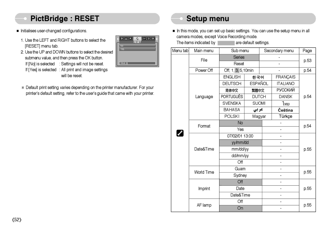 Samsung L Series manual PictBridge Reset Setup menu, English Français Deutsch Español Italiano 