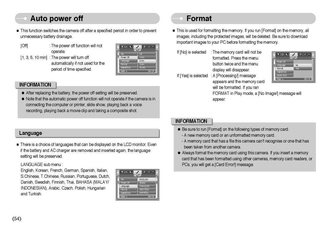 Samsung L Series manual Auto power off, Format 