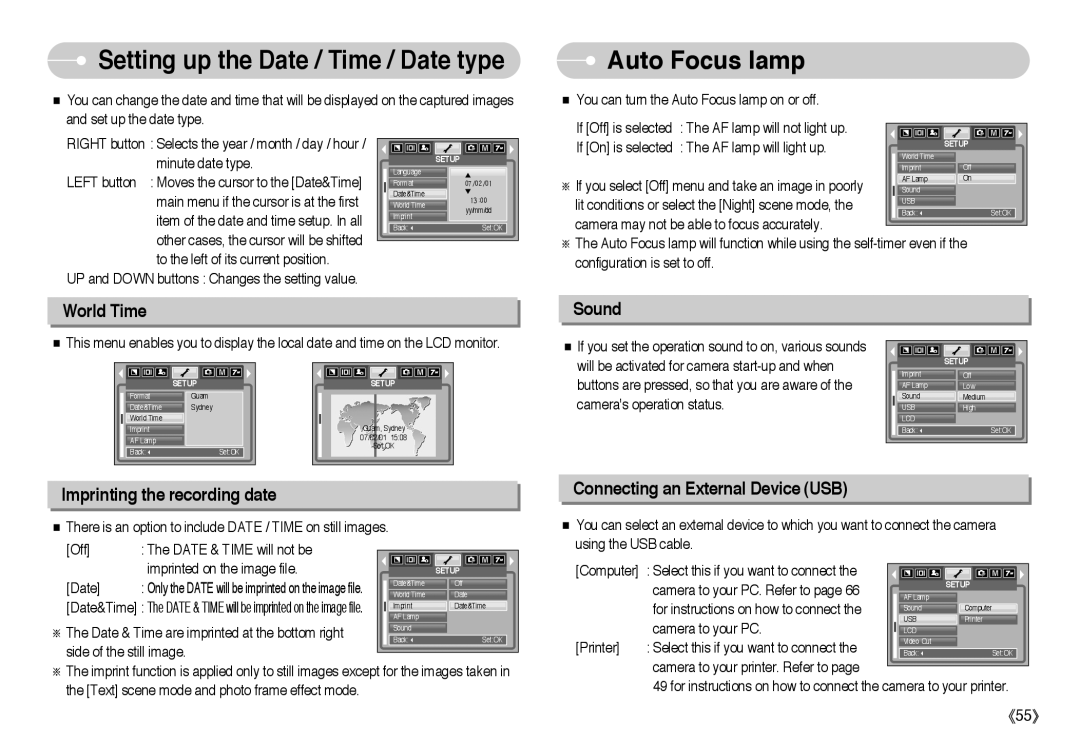 Samsung L Series manual Auto Focus lamp, Setting up the Date / Time / Date type 