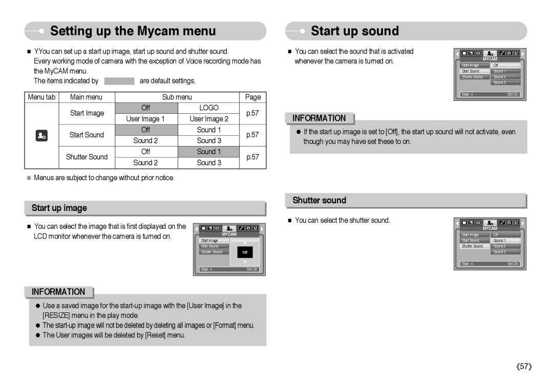 Samsung L Series manual Setting up the Mycam menu, Start up sound, Logo 