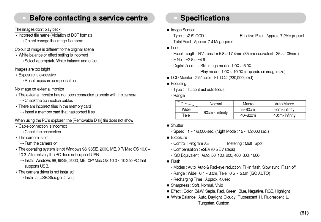 Samsung L Series manual Specifications 