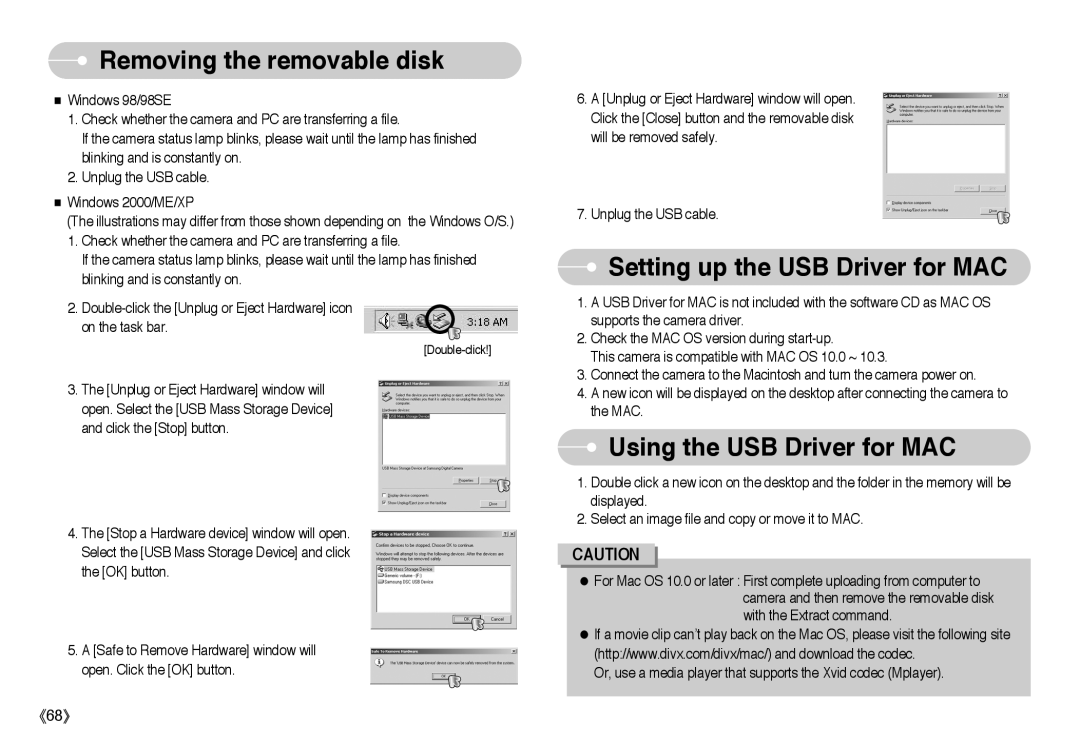 Samsung L Series manual Removing the removable disk, Setting up the USB Driver for MAC, Using the USB Driver for MAC 