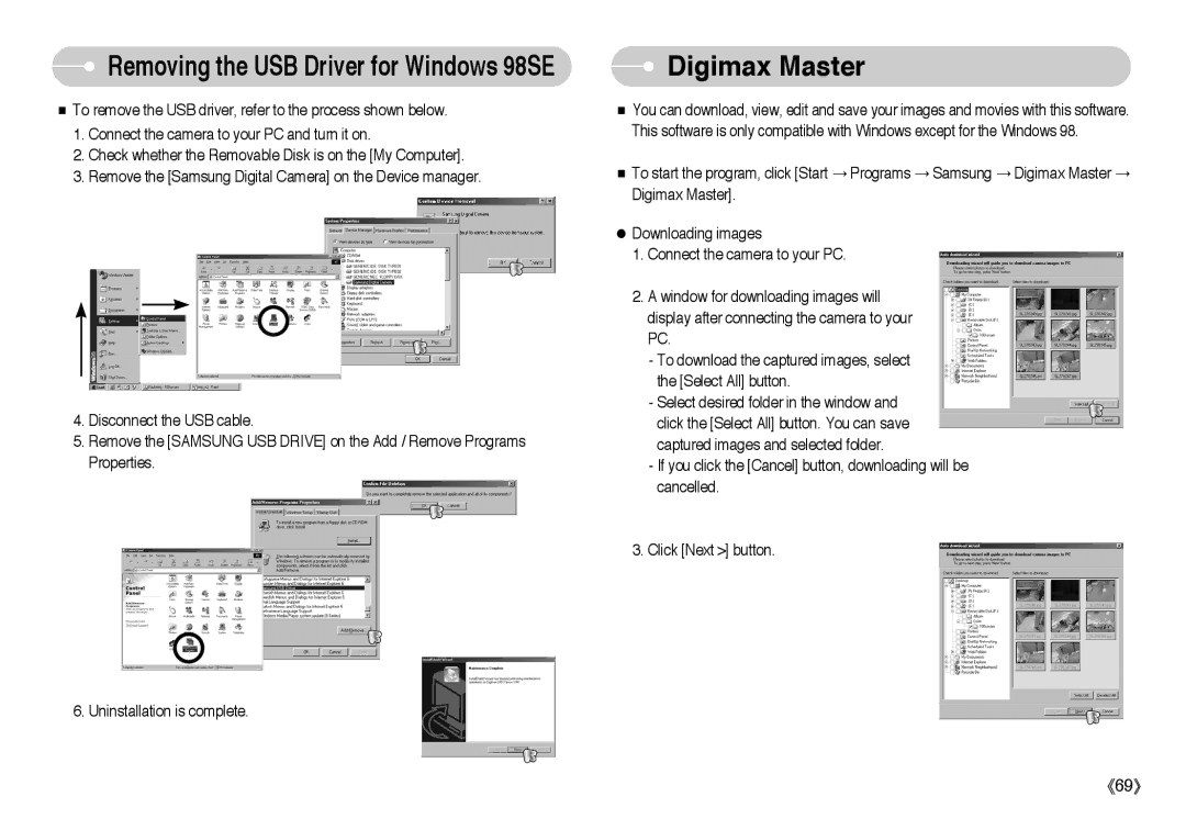 Samsung L Series manual Digimax Master, Removing the USB Driver for Windows 98SE 