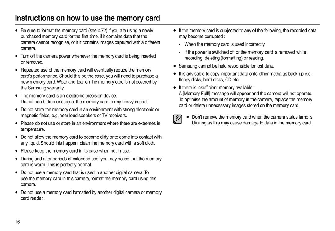 Samsung L100 manual Instructions on how to use the memory card 