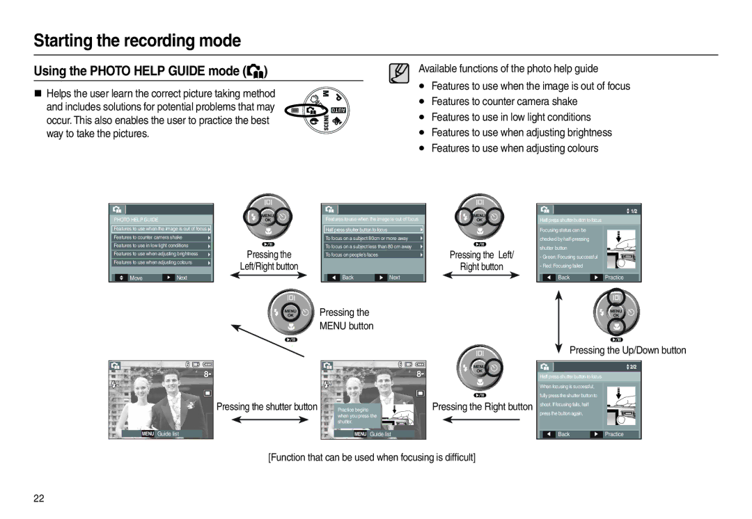 Samsung L100 manual Using the Photo Help Guide mode 