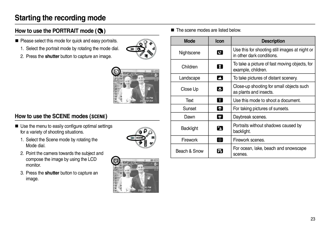 Samsung L100 manual How to use the Portrait mode, How to use the Scene modes, Mode Icon Description 