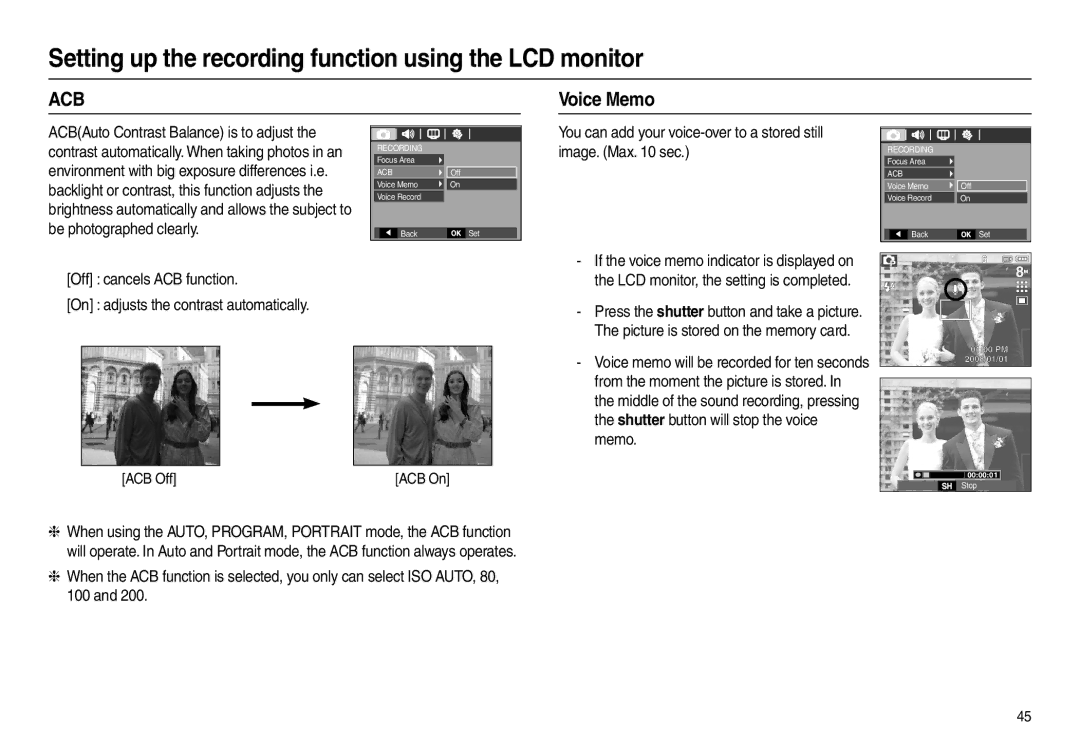 Samsung L100 manual Acb, Voice Memo 