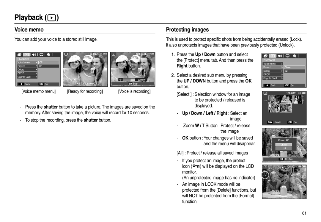 Samsung L100 manual Playback , Protecting images, Up / Down / Left / Right Select an 