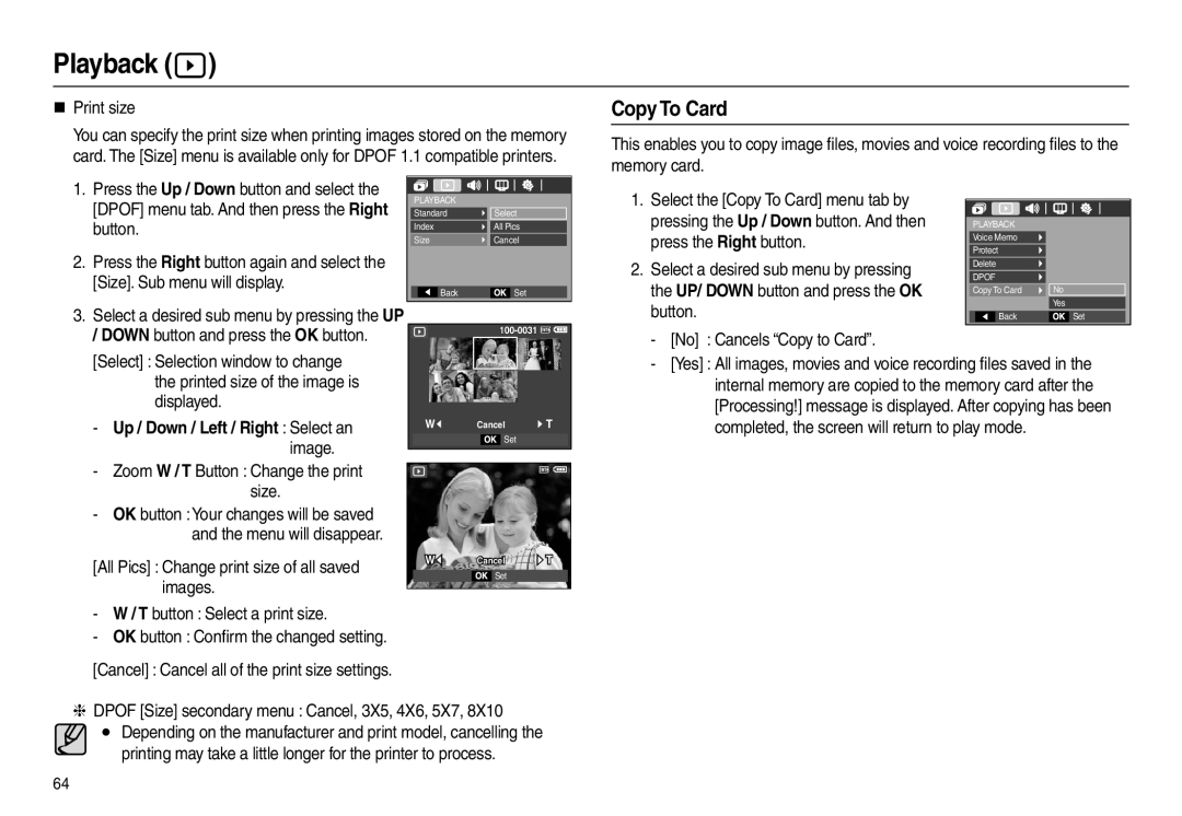 Samsung L100 manual Copy To Card, „ Print size, Zoom W / T Button Change the print Size 