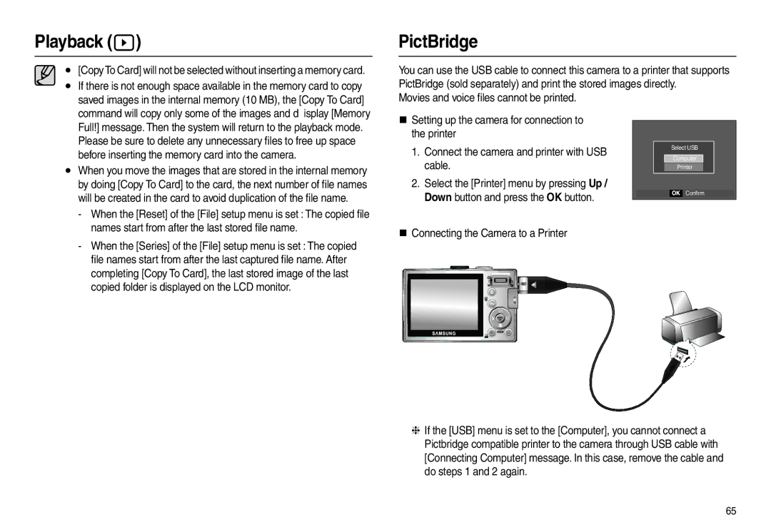 Samsung L100 manual PictBridge, Movies and voice ﬁles cannot be printed, Names start from after the last stored ﬁle name 