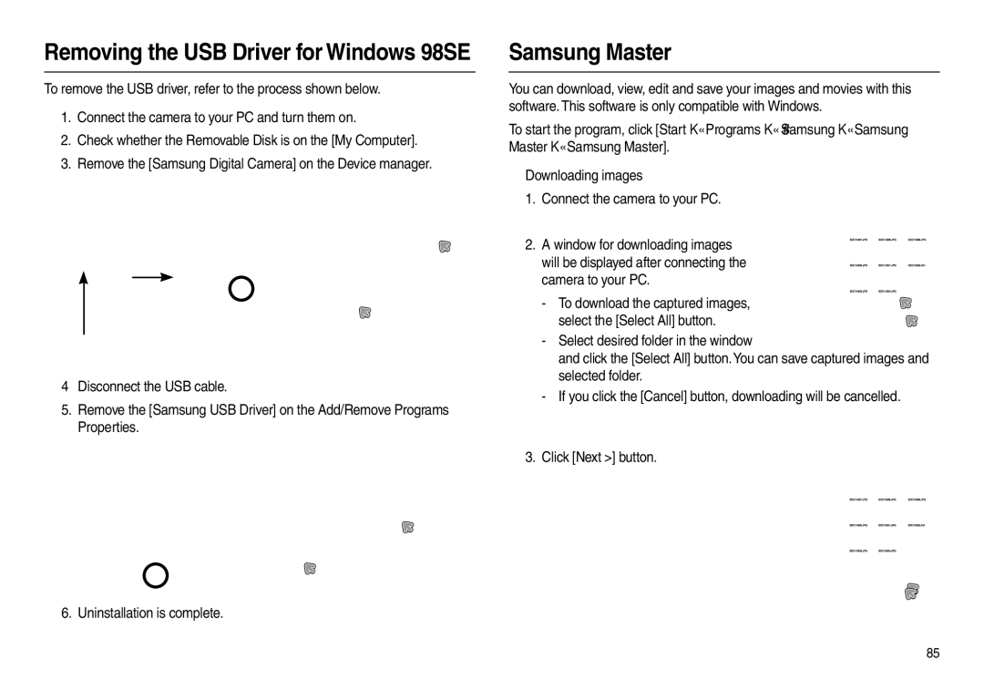 Samsung L100 manual Removing the USB Driver for Windows 98SE, Samsung Master 