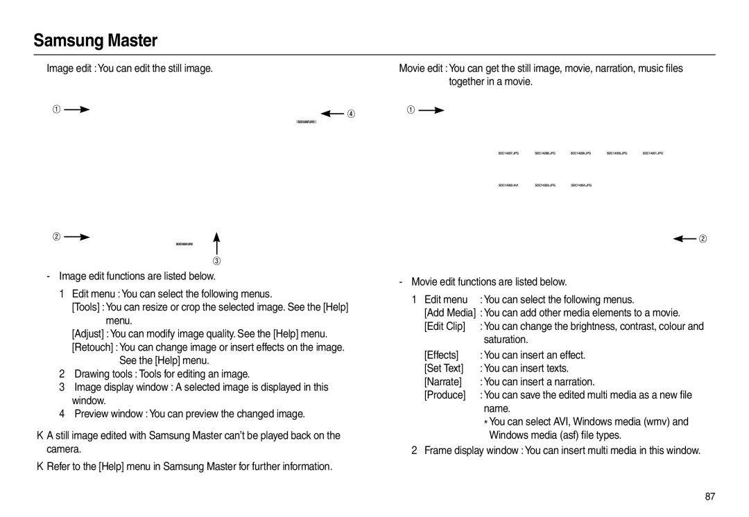 Samsung L100 manual Edit Clip, Saturation, Name, Windows media asf ﬁle types 