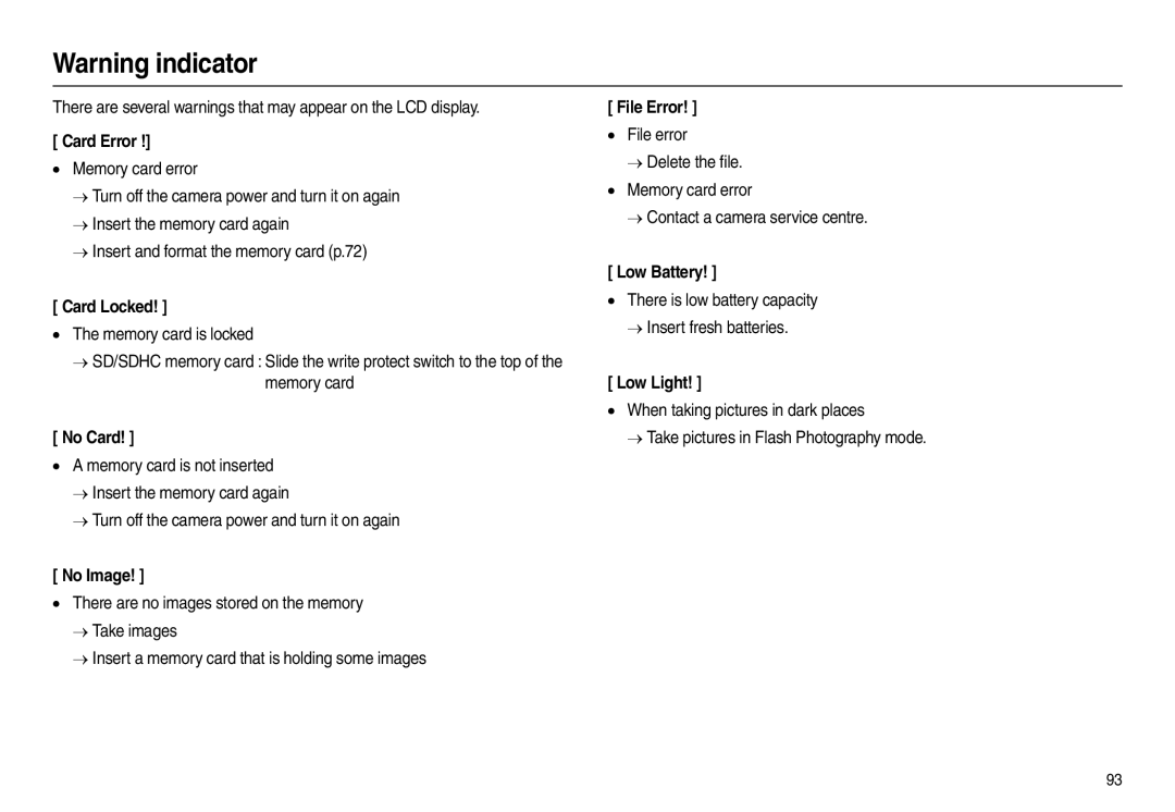 Samsung L100 manual Card Error, Card Locked, No Card, No Image, File Error, Low Battery, Low Light 