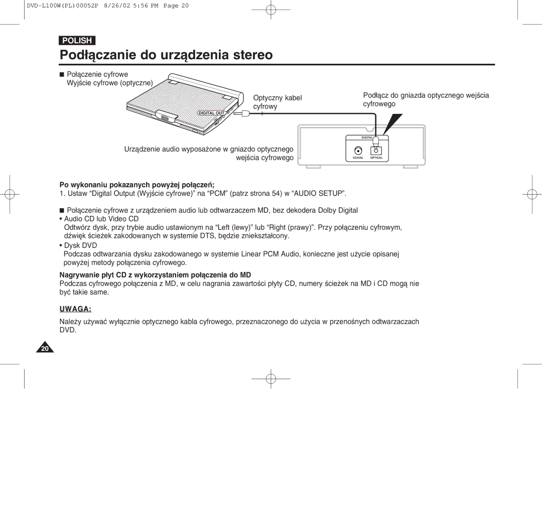 Samsung L100W manual Po wykonaniu pokazanych powyýej po¸ˆczeÄ, Nagrywanie p¸yt CD z wykorzystaniem po¸ˆczenia do MD 