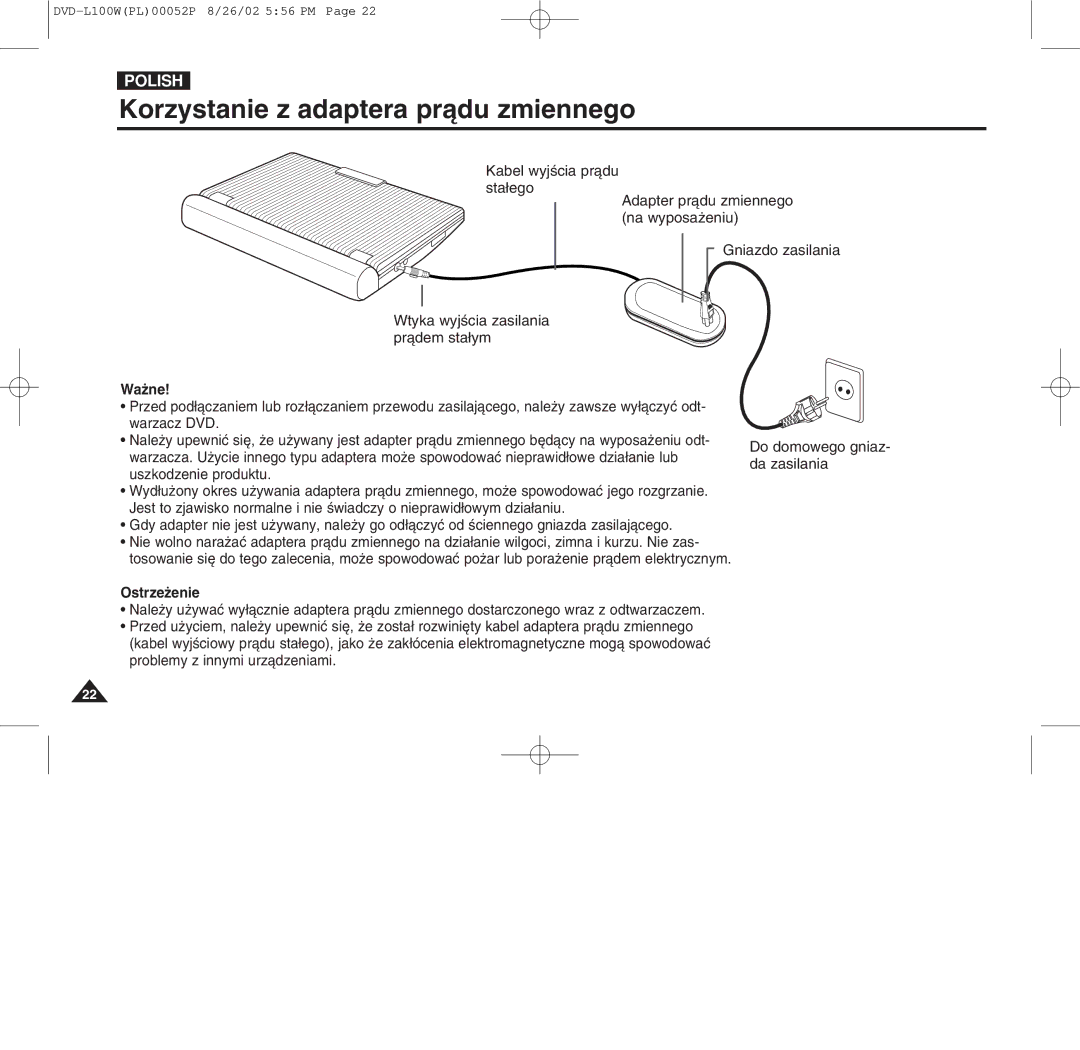 Samsung L100W manual Korzystanie z adaptera prˆdu zmiennego, Waýne 