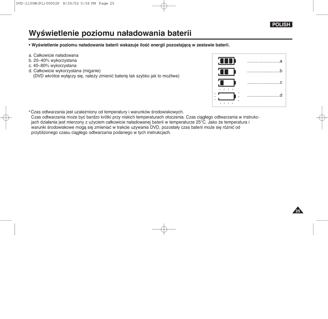 Samsung L100W manual Wyæwietlenie poziomu na¸adowania baterii 