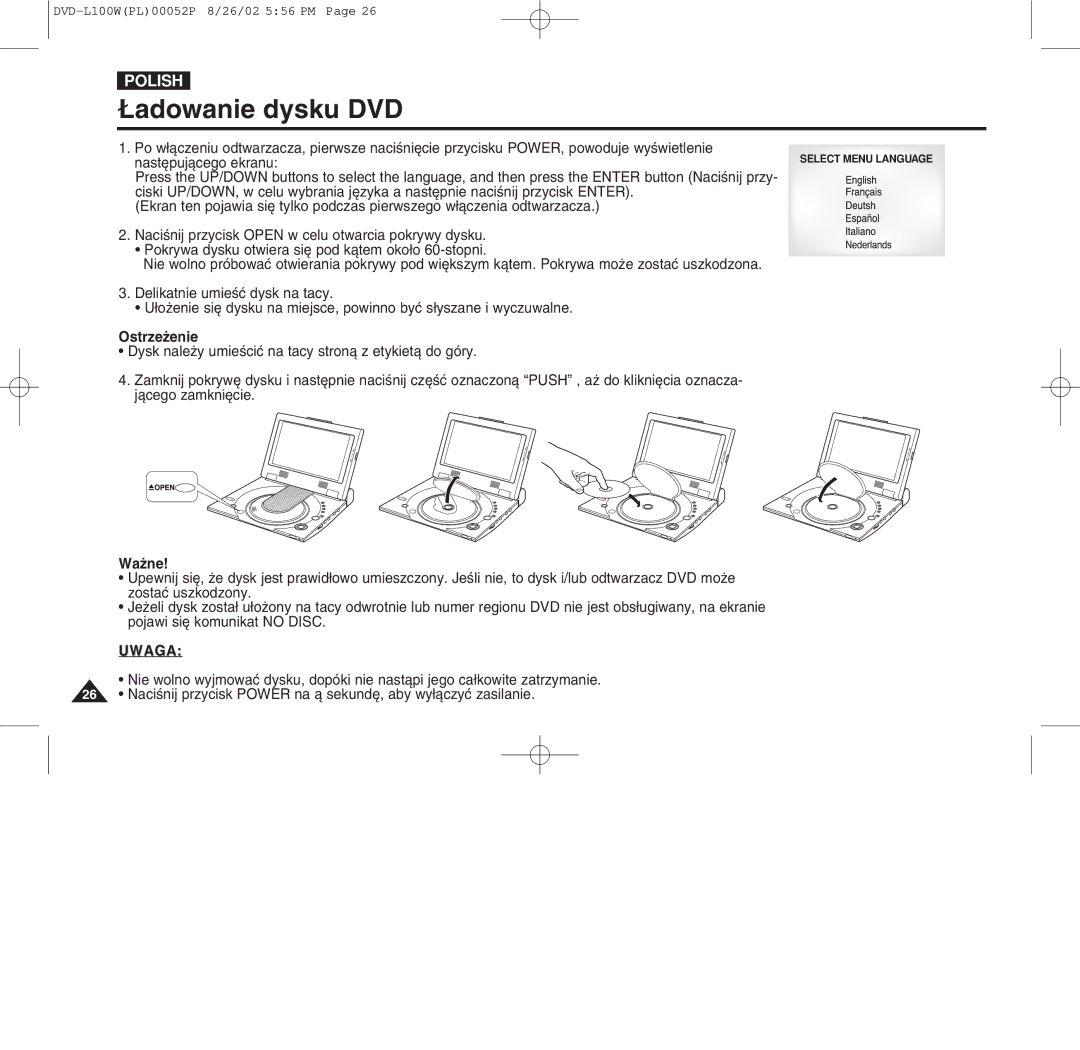 Samsung L100W manual Üadowanie dysku DVD, Ostrzeýenie 