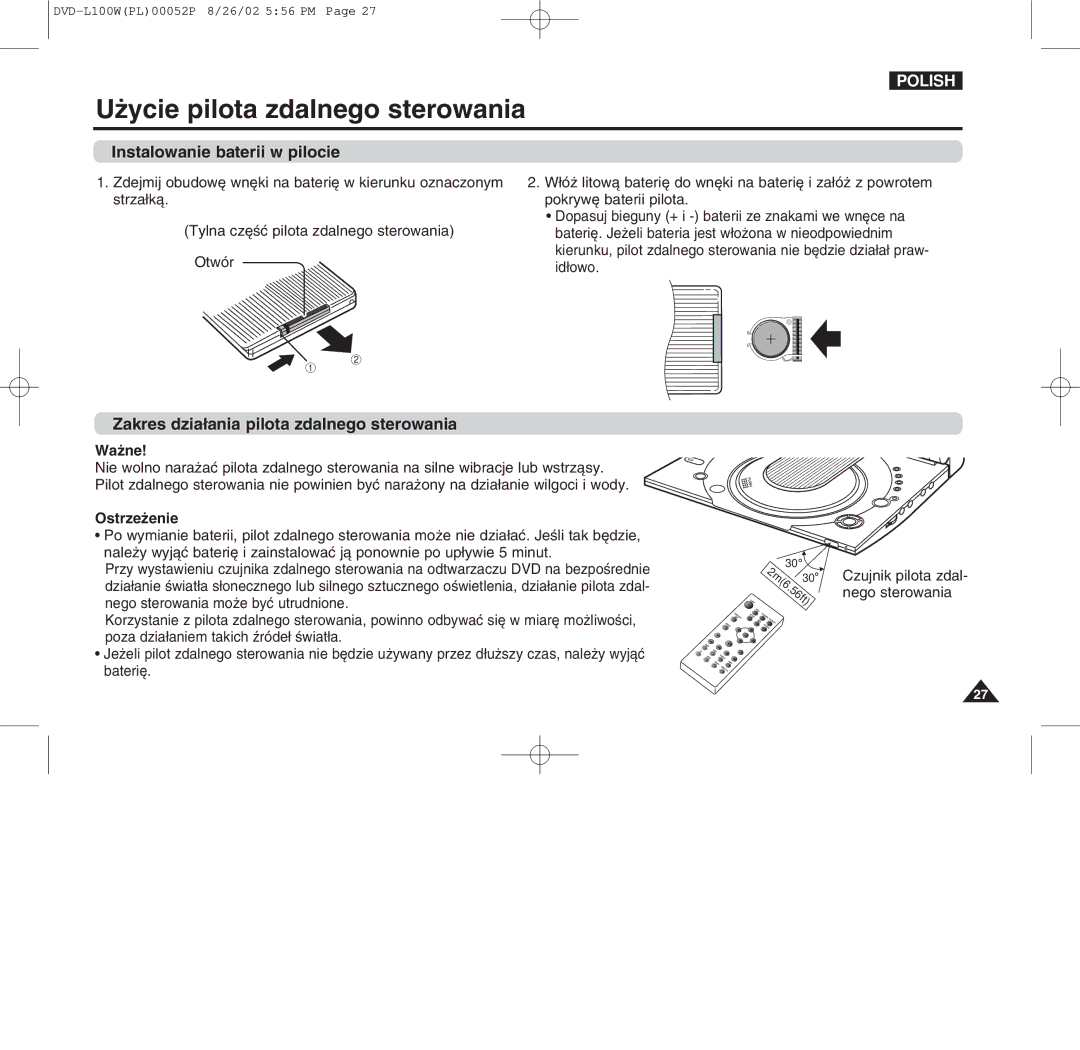 Samsung L100W manual Uýycie pilota zdalnego sterowania, Instalowanie baterii w pilocie 