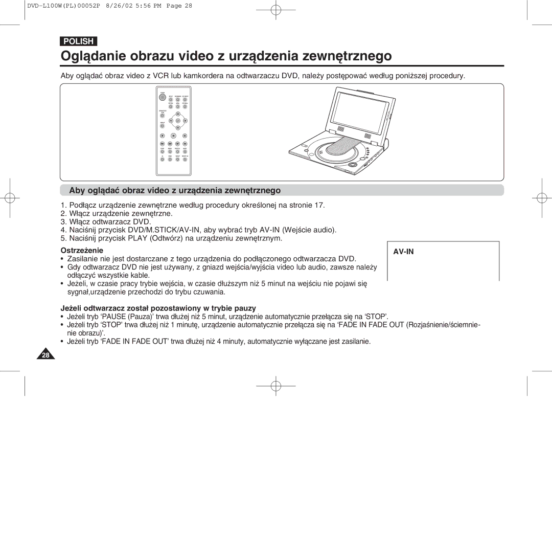 Samsung L100W manual Oglˆdanie obrazu video z urzˆdzenia zewn«trznego, Aby oglˆda obraz video z urzˆdzenia zewn«trznego 