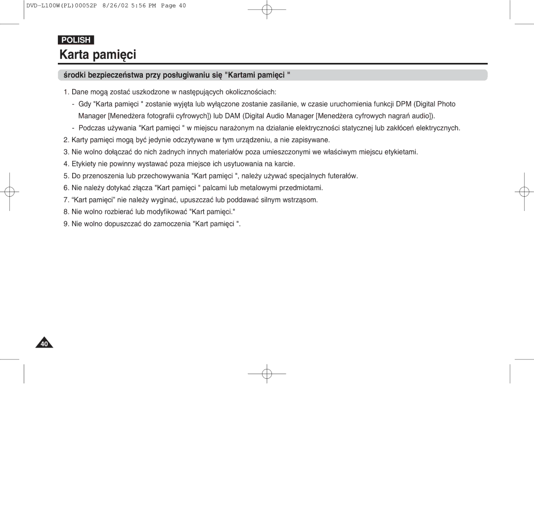 Samsung L100W manual Ærodki bezpieczeÄstwa przy pos¸ugiwaniu si« Kartami pami«ci 